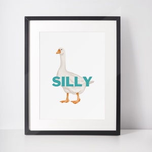 Silly Goose-kunstafdruk: grappige woordspeling in de keuken aan de muur