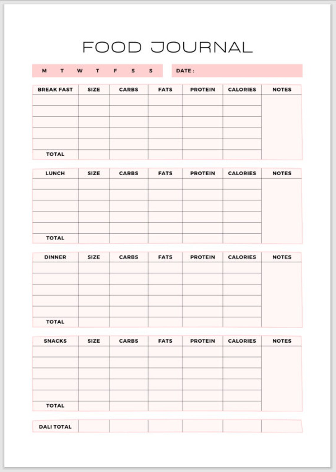 Printable Minimalist Food Journal Sheet, Printable Food Journal A4 ...