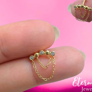 16G Double Chain Drape/Dangle CZ Hidden Helix piercing, Threaded Flat Back Stud Earrings, Hidden Rook/Cartilage/Tragus/Helix Drop Earring