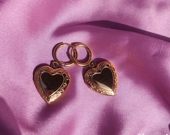 14K Gold Plated "Nostalgia" Heart Locket Huggie Heart Hoops Earrings, Anti Tarnish, Gift For BFF, Mom, Sister, Women