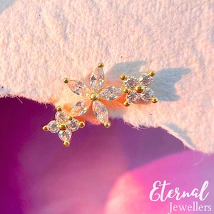 16G Bouquet CZ Trio Stud Earrings in Sterling Silver, 18k Gold Helix Conch Stud Internally Threaded Flat Back Cartilage Earrings Bridal Stud