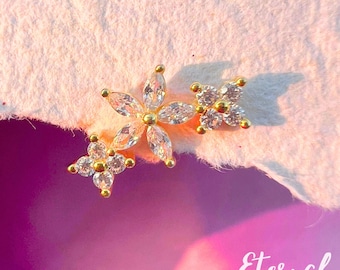 18G Bouquet CZ Trio Stud Earrings in Sterling Silver, 18k Gold Helix Conch Stud Internally Threaded Flat Back Cartilage Earrings Bridal Stud