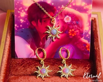 Collares de sol de ópalo de oro | Collar con símbolo del sol de la suerte, joyería de la princesa Rapunzel | Elegante colgante de oro, lindo regalo encantador enredado