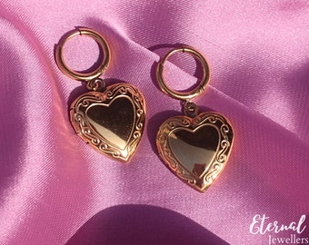 Boucles d’oreilles souvenirs 18K Gold Heart Locket Hoop, cerceaux de cœur médaillon de style vintage, anti-ternissement, cadeau personnalisé pour BFF, maman, sœur, femmes