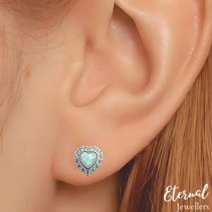 Cosmic Dust Opal Stud Earring in S925 Sterling Silver | Minimalist Opal Gold Heart Stud Earring | Flat back Cartilage Piercing Gift For Her