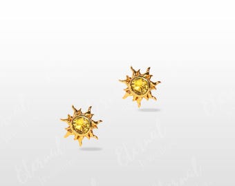 Super Tiny Starburst Stud Earrings with Yellow CZ Crystals, Super Tiny Starbrust Earrings with Screw Backs, Helix, Second Earlobe