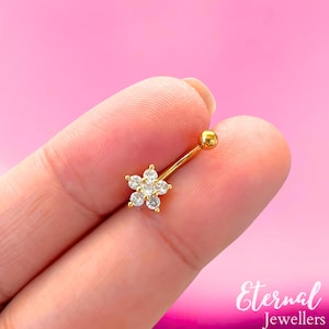 16G Silver CZ Flower Rook, Eyebrow Curved Barbell, Cartilage Piercing, Rook Barbell, Surgical Steel or Titanium Externally Threaded
