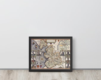 John Speed & Hondius 1610 Lancashire Map – Historic English County, Framed Wall Art
