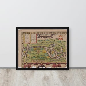 John Speed 1610 Map of Monmouth – Welsh County with Town Plan Inset, Framed Art