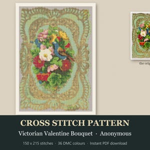 Victorian Valentine Bouquet Cross Stitch Pattern | Vintage Romantic Art, Valentines Day Counted Cross Stitch | PDF Download
