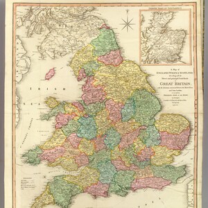 Mapa de carreteras británico de 1801 – Póster antiguo de William Faden de Inglaterra, Gales y Escocia – Arte mural de viajes vintage – Enmarcado y listo para colgar