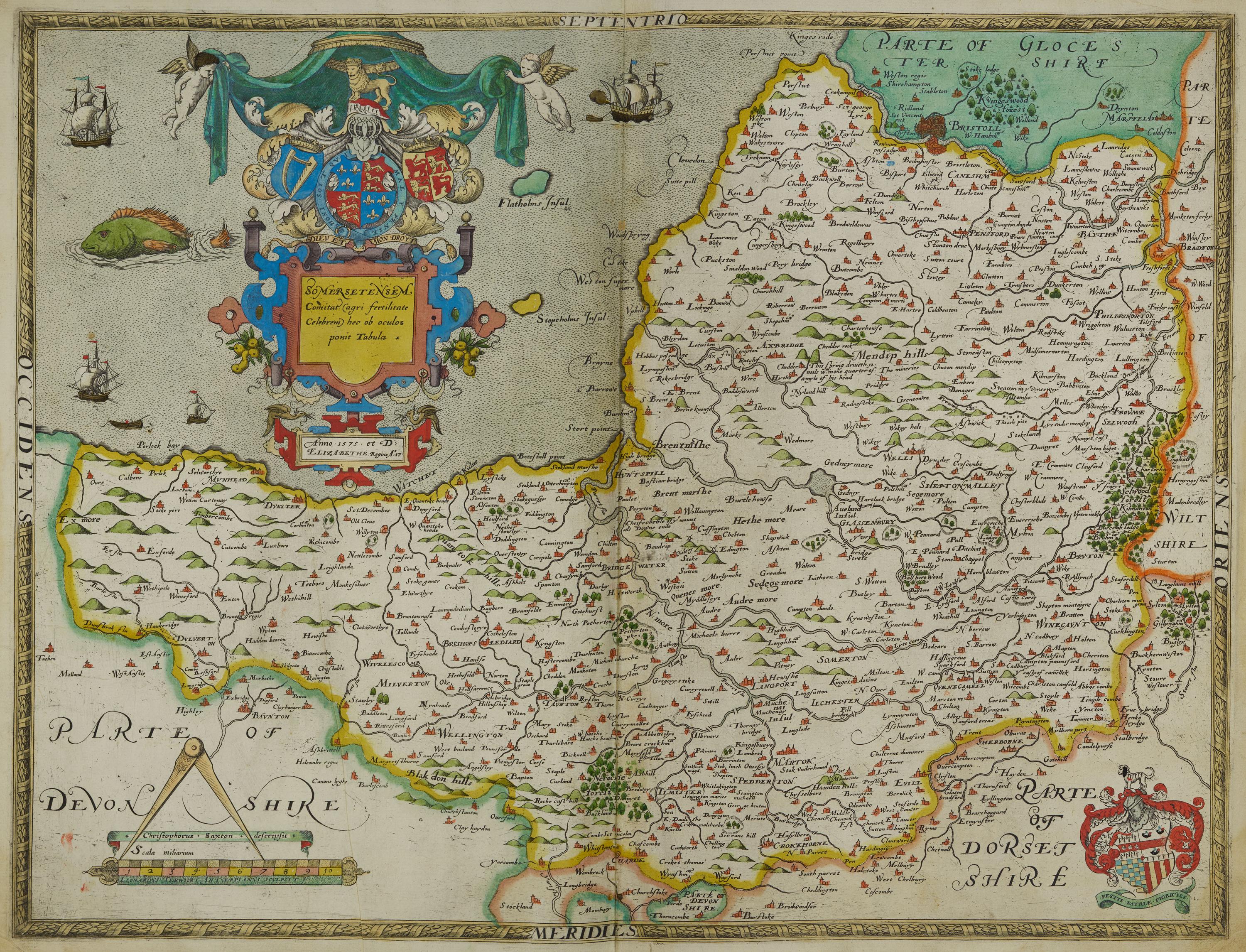Rare 1575 Saxton Map of Somersetshire – Bath, Bristol & West Country – Framed or Unframed Gift