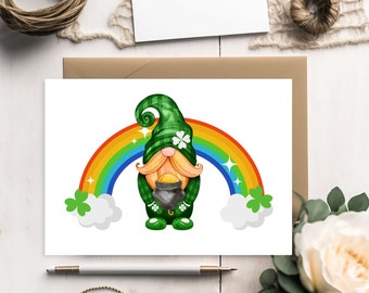 Happy St Patrick's Day Card, Fun Gnome Leprechaun Card, Holiday Card, Thank You Card, Rainbow Card, Unique Greeting Card, Festive Blank Card
