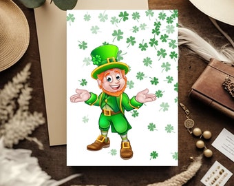 Happy St Patrick's Day Card, Fun Leprechaun Card, Holiday Card, Luck of the Irish Card, Four Leaf Clover, Unique St. Patrick's Day Card