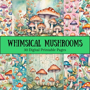 Carta per album di ritagli di funghi stravaganti, diario di rifiuti di funghi effimeri, carta digitale per acquerello di funghi, carta da giardino stampabile colorata e divertente,