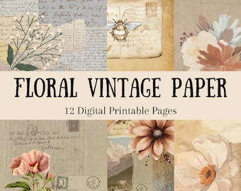 Floral Digital Paper, Vintage Flower Print Paper, Printable Vintage Floral Ephemera, Floral Scrapbook Pages, Flower Designed Vintage Paper