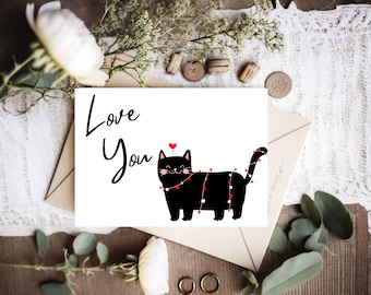 Cute Anniversary Card, Printable Valentine Card, Instant Download, Love You Black Cat Card, Print at Home Anniversary Card, Anniversary Card