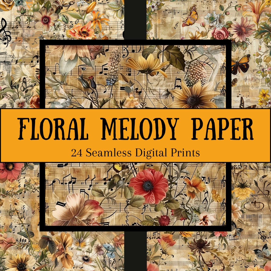 Vintage Scrapbook Digital Paper Floral & Butterfly Design Musical ...