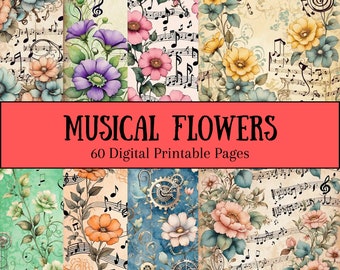 Musical Flowers Paper - Digital Download, Flower Journaling Paper,  Whimsical Floral Ephemera, Garden Scrapbook Pages, Musical Note Paper