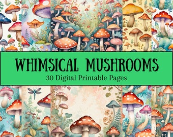 Whimsical Mushroom Paper - Digital Download, Mushroom Journal Paper,  Bright Floral Ephemera, Vibrant Fungi Craft Paper, Fun Scrapbooking