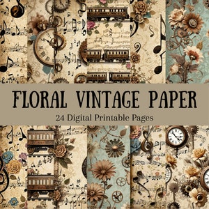 Steampunk Journal Paper, Descarga digital Flower Junk Journal Paper, Vintage Steampunk Ephemera, Páginas de álbumes de recortes de música, Train Junk Journal