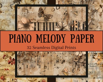 May include: A digital paper pack with 32 seamless patterns featuring vintage piano keys, musical notes, and floral designs in shades of brown, cream, and white. The text "PIANO MELODY PAPER" is displayed in a banner across the top of the image.