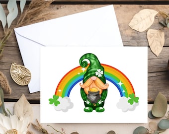 Festive Blank Greeting Card, Happy St Patrick's Day Card, Fun Gnome Leprechaun Card, Holiday Card, Rainbow Thank You Card, Blank Invitation