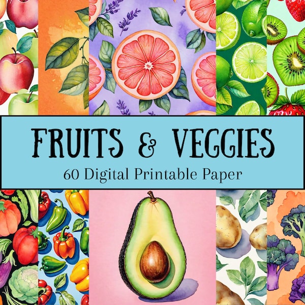 Fruits & Veggies Paper - Digital Paper, Colorful Scrapbook Paper, Food Journal Paper, Digital Fruits and Vegetables, Healthy Cookbook Paper