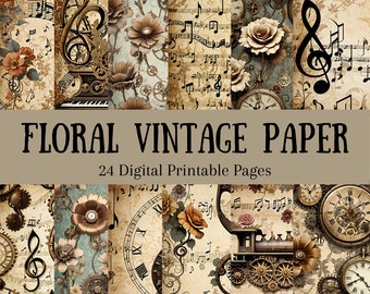 Vintage Scrapbook Paper - Digital Download, Steampunk Paper, Vintage Train Printable Paper, Music Scrapbook Pages, Ephemera Junk Journal