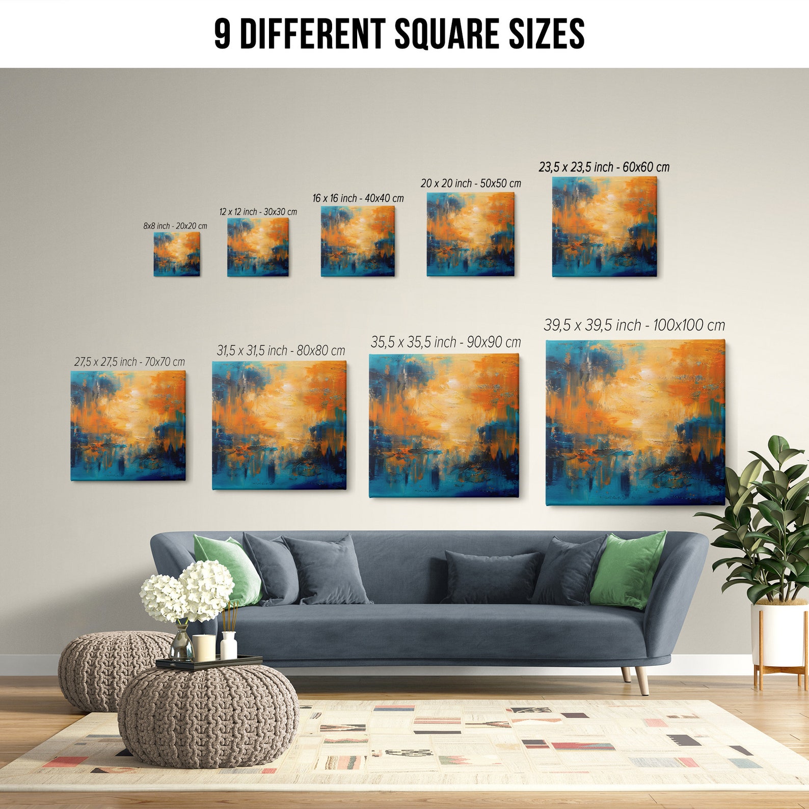 Orange and Blue Abstract Canvas Wall Art, Orange and Blue Abstract