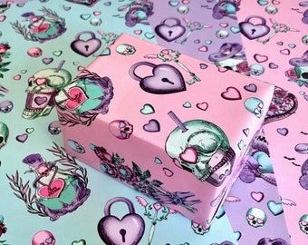 Pastel Goth Wrapping Paper: Skull & Heart Design