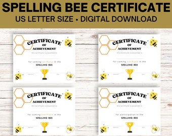 Printable Spelling Bee Certificate | 1st, 2nd, 3rd Place & Participation | School Spelling Test Award | Student Achievement Certificate