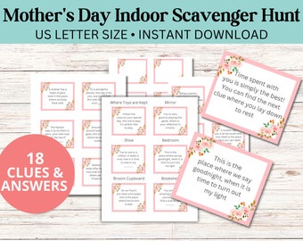 Indoor Printable Mother's Day Scavenger Hunt for Kids & Moms |  Treasure Hunt Clue Cards with Riddles and Answers | Mom's Day Surprise Gift