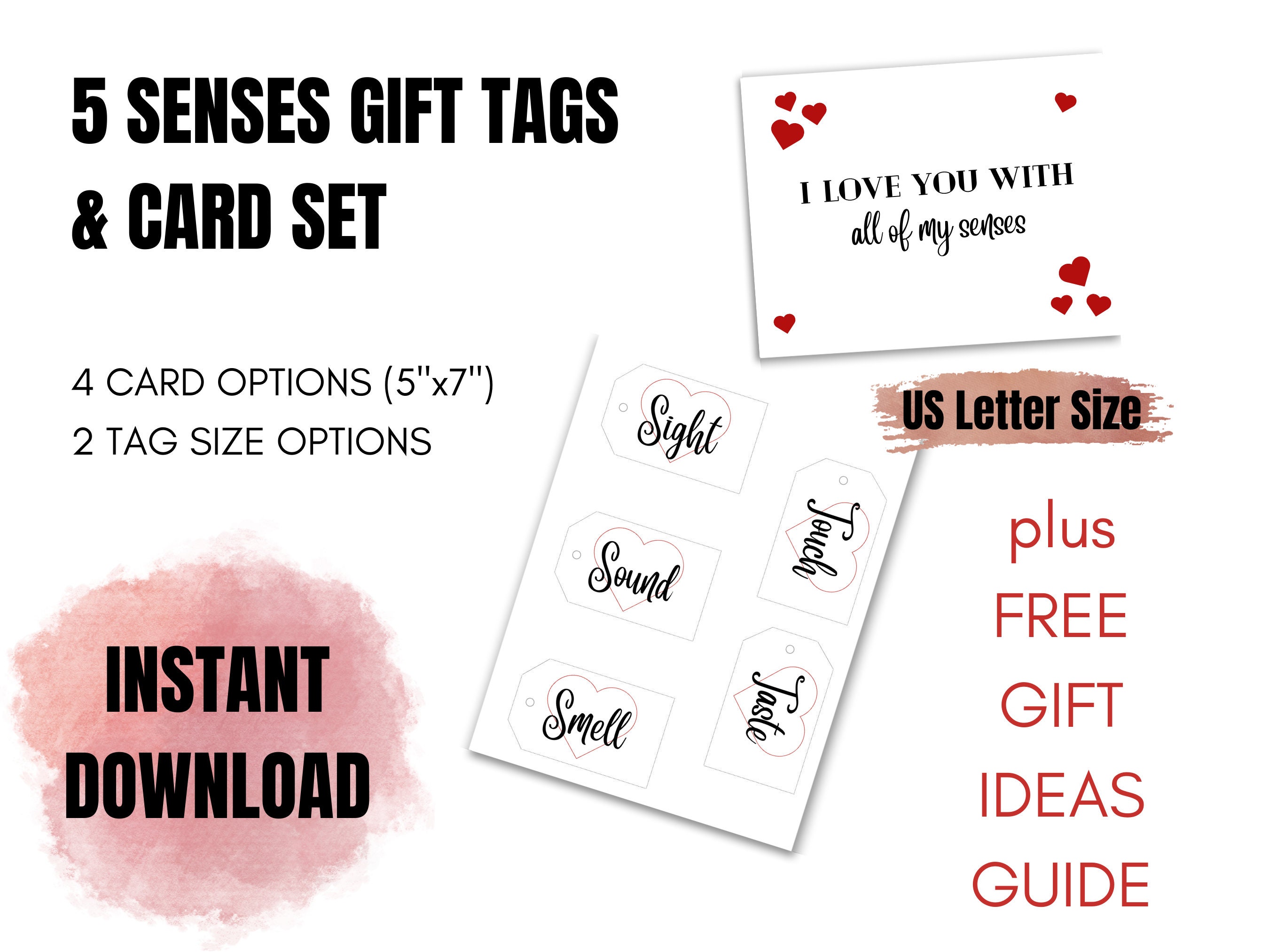 Printable 5 Senses Gift Tags and Card for Him Valentine's Day, Anniversary  or Birthday Instant PDF Download for Husband, Partner Boyfriend 