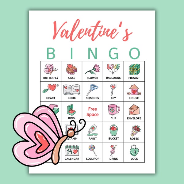 Kindergarten Valentine's Day Bingo Board | 50 Unique Boards | Valentine Bingo Cards for Kids | Preschool Valentine's Bingo with Pictures