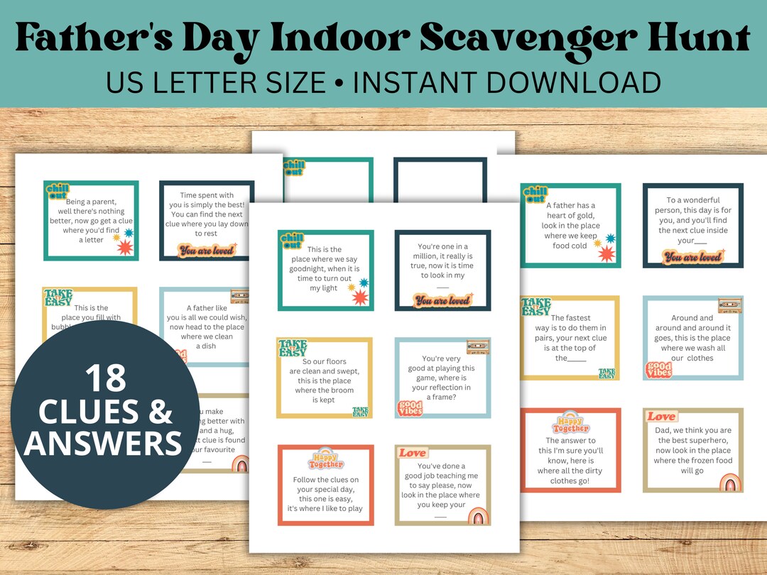 Printable Fathers Day Scavenger Hunt for Kids & Dads Retro Design Indoor Treasure Hunt Clue