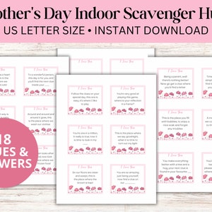 Búsqueda del tesoro imprimible del Día de la Madre para niños y mamás / Tarjetas de pistas de búsqueda del tesoro en interiores con acertijos y respuestas / Regalo sorpresa del Día de la Madre
