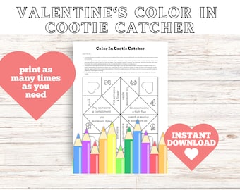 Printable Valentine's Day Classroom Project | Color In Cootie Catcher Template | Kids Valentine Cards | Children's Fortune Teller Party Game