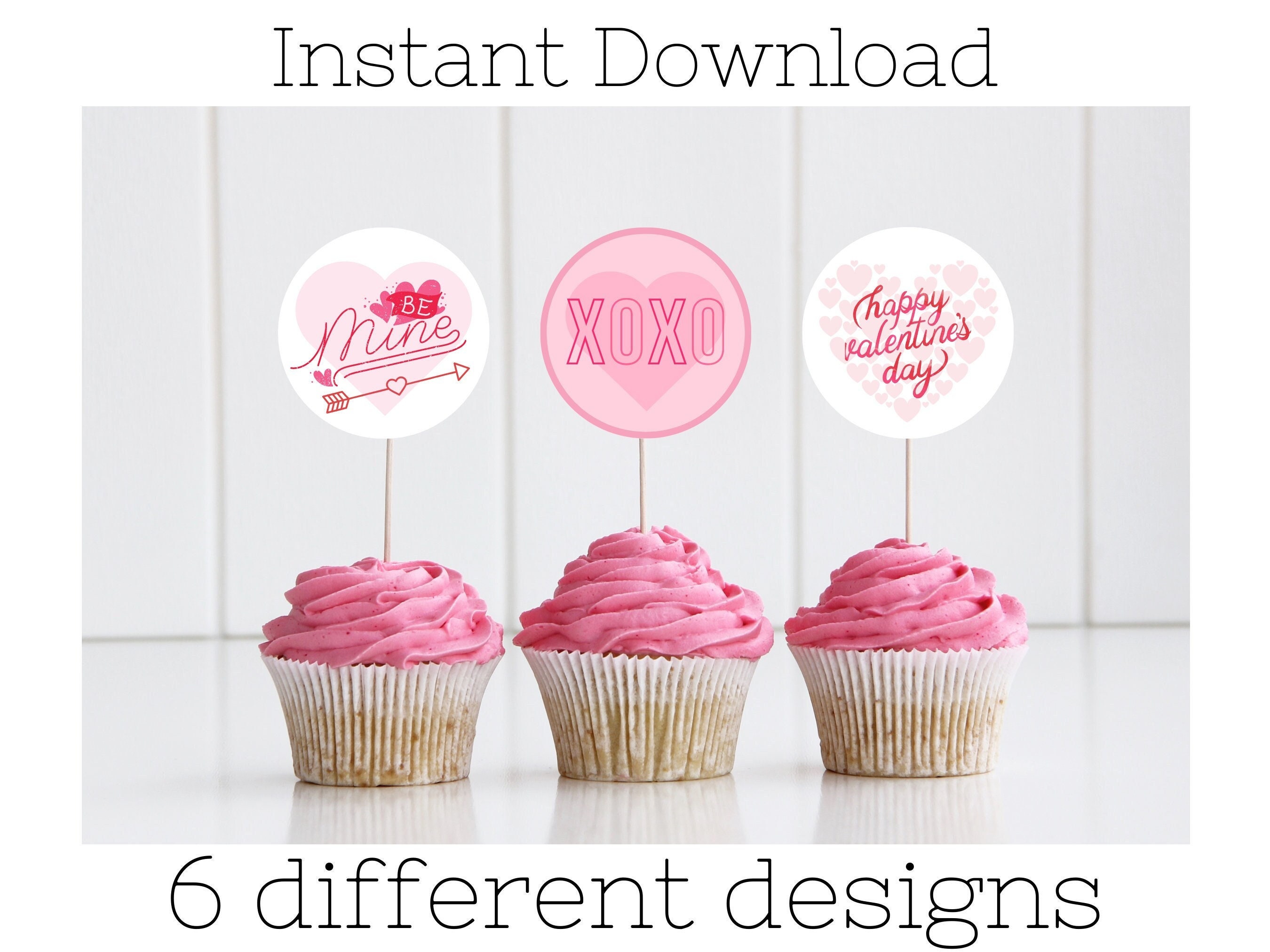 Valentines Day Printable Cupcake Toppers Pink Heart DIY Cake Topper ...