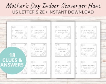 Printable Mothers Day Scavenger Hunt Clues for Kids & Moms |  Treasure Hunt Clue Cards with Riddles and Answers | Mom's Day Last Minute Gift