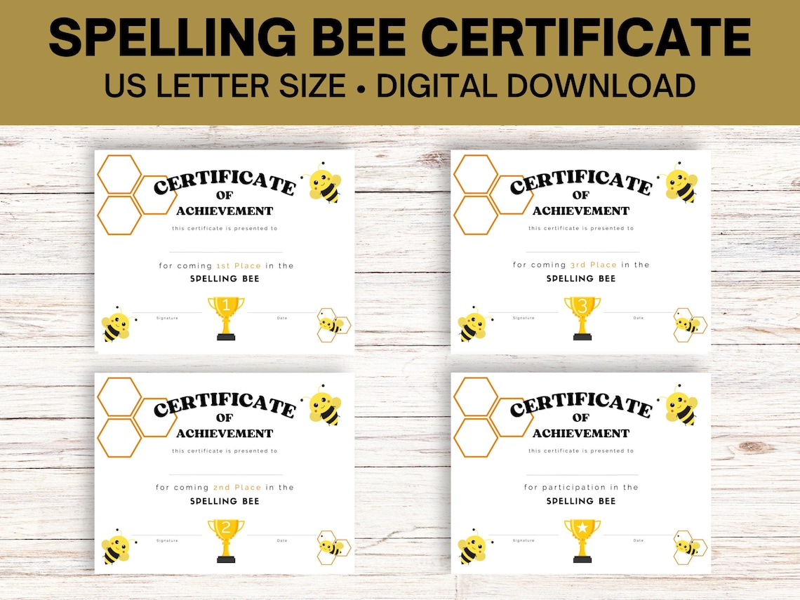 Printable Spelling Bee Certificate 1st 2nd 3rd Place