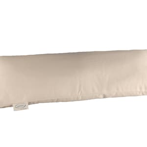 May include: A long, rectangular, off-white pillow with a white label that says "Zenpur" on it.