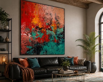 Modern Abstract Canvas Art, Colorful Red Teal Green Painting Print, Large Contemporary Wall Decor
