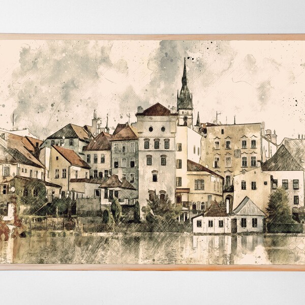 Vintage Cityscape Watercolor Painting | Downloadable Art Prints | European Cityscape Art | Old Town Paintings | European Architecture