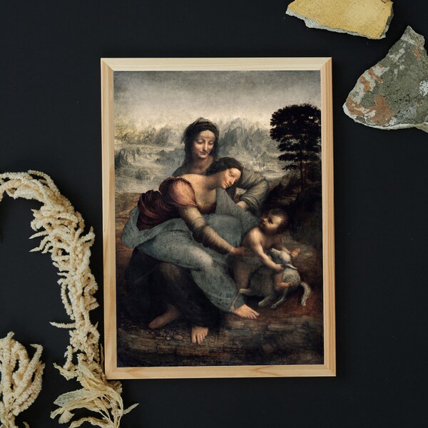 Vintage Oil Painting | Wall Art Print | The Virgin and Child with St Anne and St John the Baptist By Leonardo Da Vinci| Renaissance Era Art