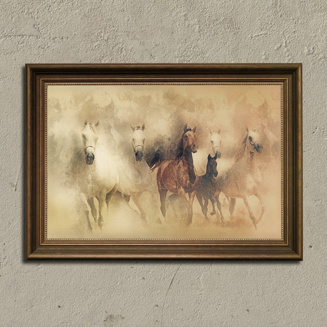 Vintage Running Horses Painting Horse Art Living Room Etsy