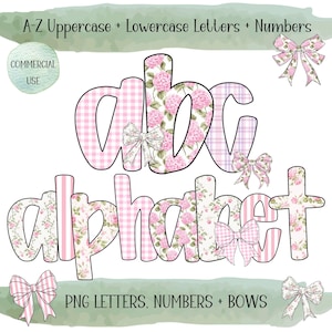 Preppy Retro Floral Alphabet PNG Bundle – 6 Grandmillenial Alphabet, Pink Font Clipart, Doodle Letter, Preppy style letter, Commercial Use