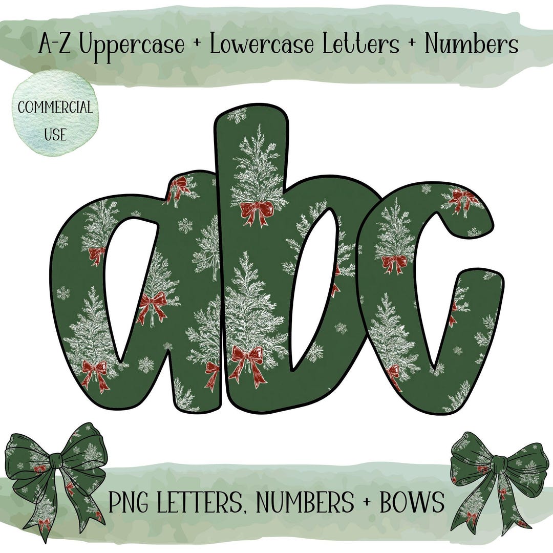 Preppy Christmas Alphabet PNG Bundle: Green Doodle Letter Clipart ...
