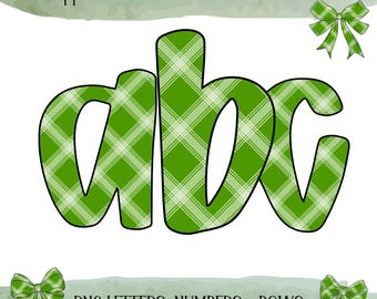 Green Doodle letters, Gingham GrandmillenialAlphabet, Rustic Letters Clipart, Commercial Use