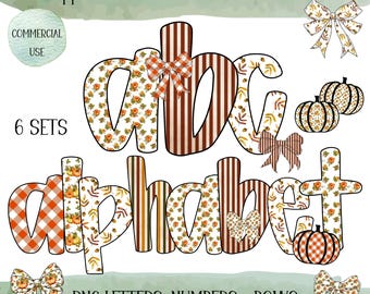 May include: Digital alphabet set with uppercase and lowercase letters, numbers, and bows. The letters feature fall-themed patterns, including floral, plaid, and striped designs. The image includes the text "A-Z Uppercase + Lowercase Letters + Numbers" and "PNG LETTERS, NUMBERS + BOWS".
